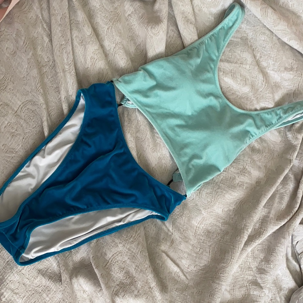 Two toned blue Velvet one piece swim suit